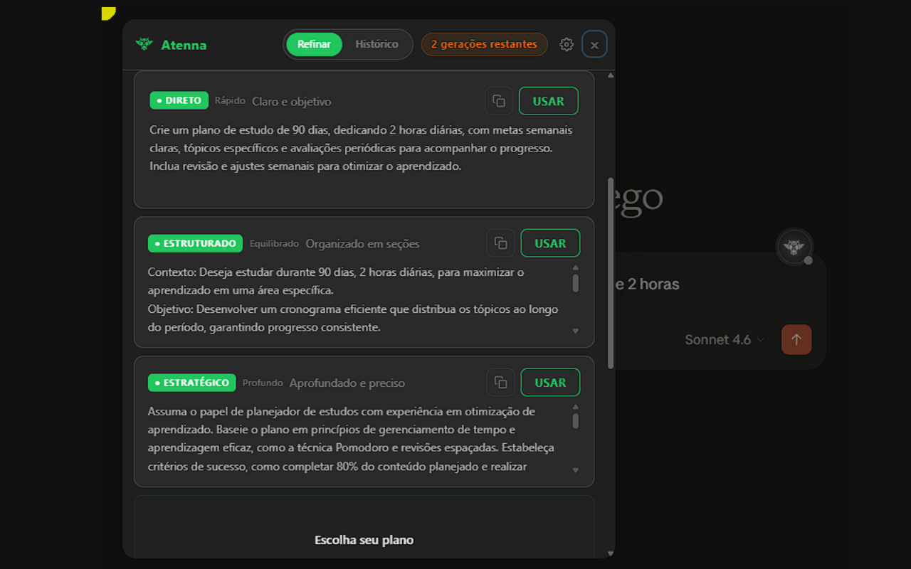 Painel Atenna com variações de prompt: Direto, Estruturado, Estratégico